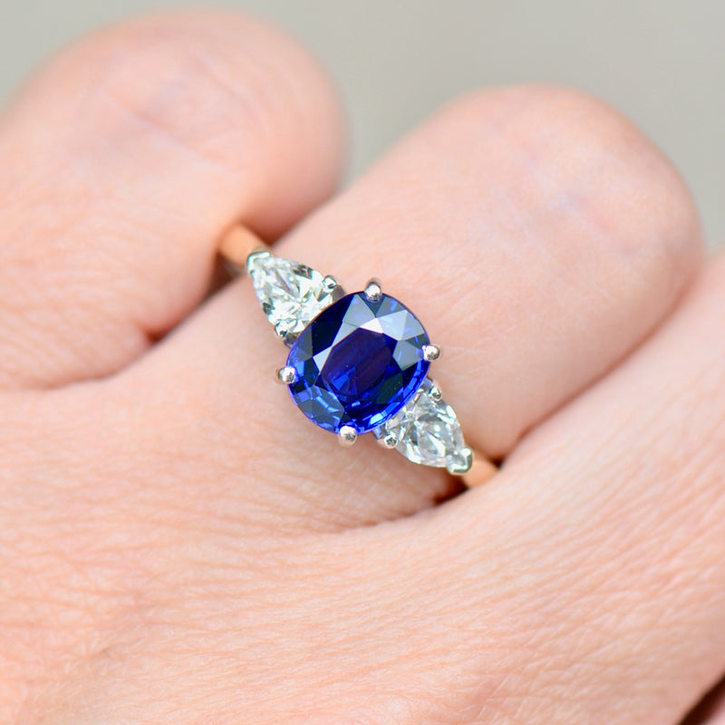 Vintage 2000s Royal Blue Sapphire & Diamond Trilogy 18CT Yellow Gold Engagement Ring (2.93cts)