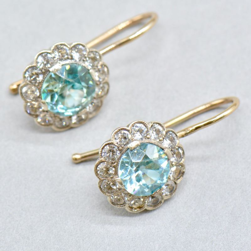 Art Deco 9ct Gold Blue & White Zircon Halo Daisy Drop Earrings (6.58cts)