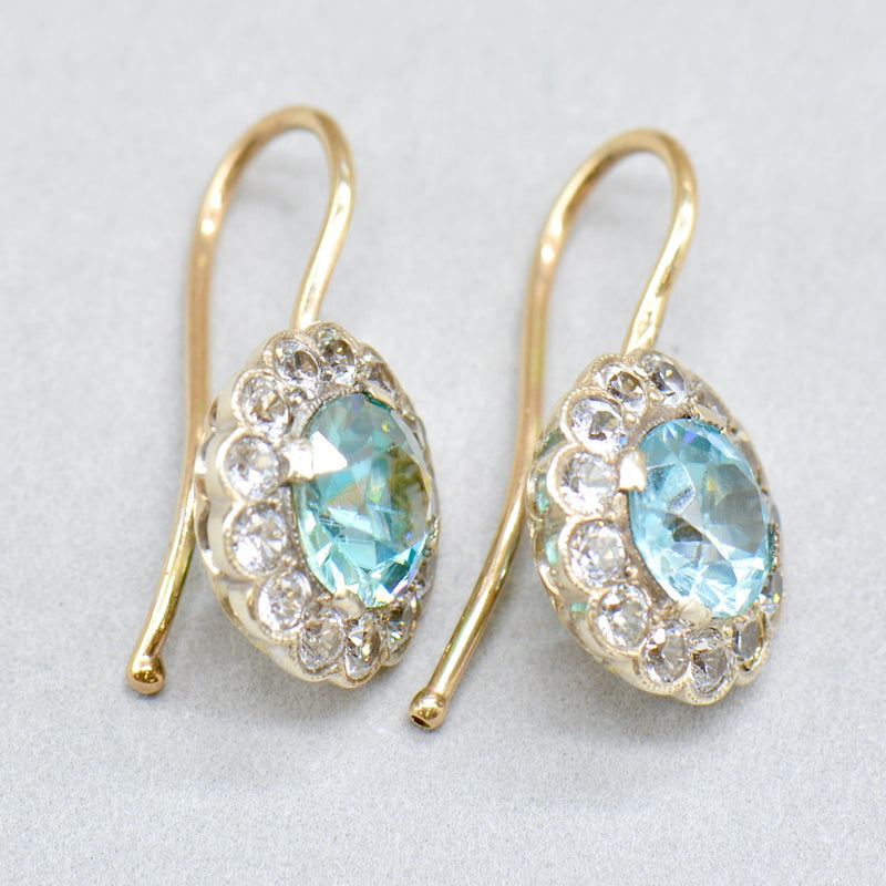 Art Deco 9ct Gold Blue & White Zircon Halo Daisy Drop Earrings (6.58cts)