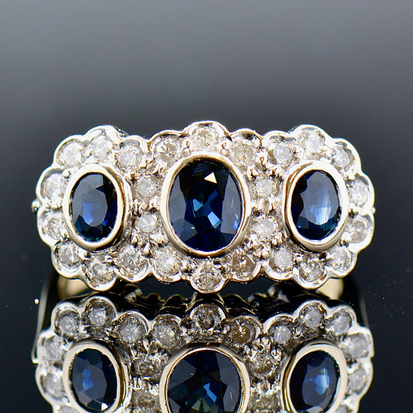 Vintage Sapphire & Diamond Triple Cluster 18ct Yellow Gold Ring