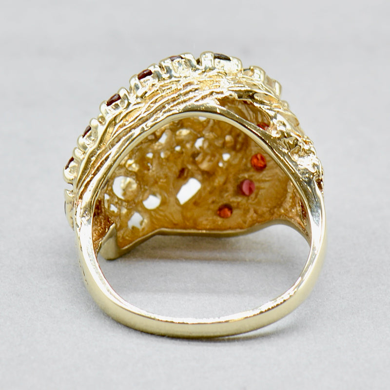 Vintage 1970s 9ct Yellow Gold Garnet Brutalist Abstract Ring