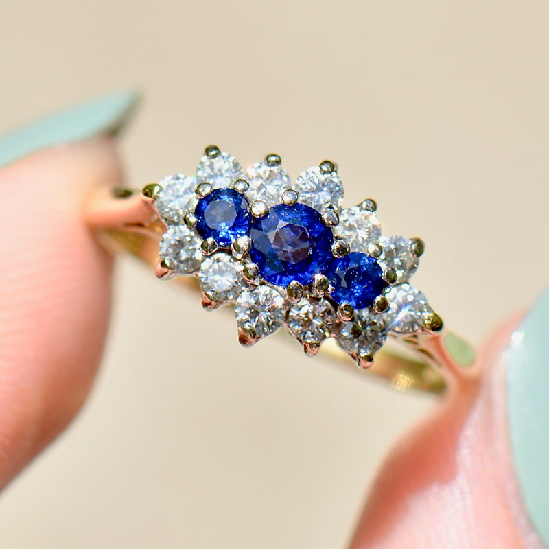 Vintage 1990s Royal Blue Sapphire & Diamond 18ct Yellow Gold Triple Cluster Engagement Ring (0.91ct)