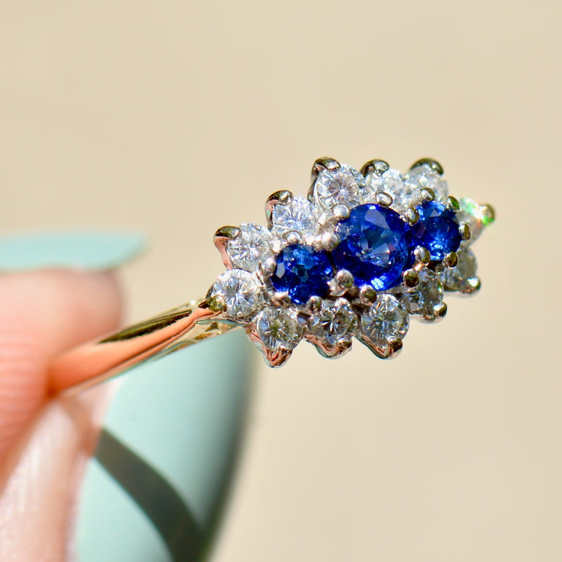 Vintage 1990s Royal Blue Sapphire & Diamond 18ct Yellow Gold Triple Cluster Engagement Ring (0.91ct)