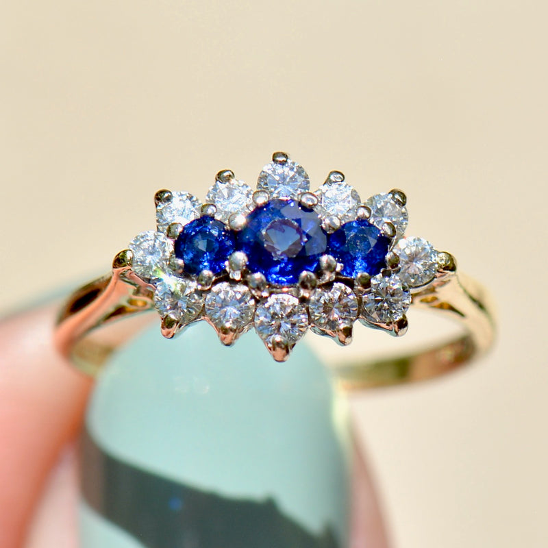 Vintage 1990s Royal Blue Sapphire & Diamond 18ct Yellow Gold Triple Cluster Engagement Ring (0.91ct)