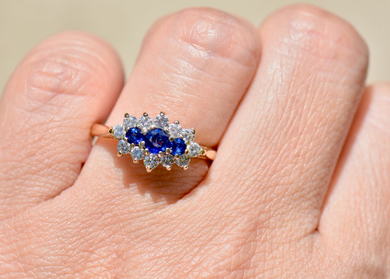 Vintage 1990s Royal Blue Sapphire & Diamond 18ct Yellow Gold Triple Cluster Engagement Ring (0.91ct)