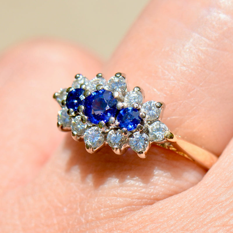 Vintage 1990s Royal Blue Sapphire & Diamond 18ct Yellow Gold Triple Cluster Engagement Ring (0.91ct)