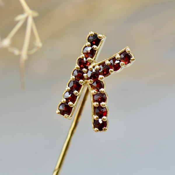 Reserved for D - Bohemian Pyrope Garnet Alphabet/Letter K Gold Vermeil/Silver Gilt Stick Pin/Tie Pin/Brooch