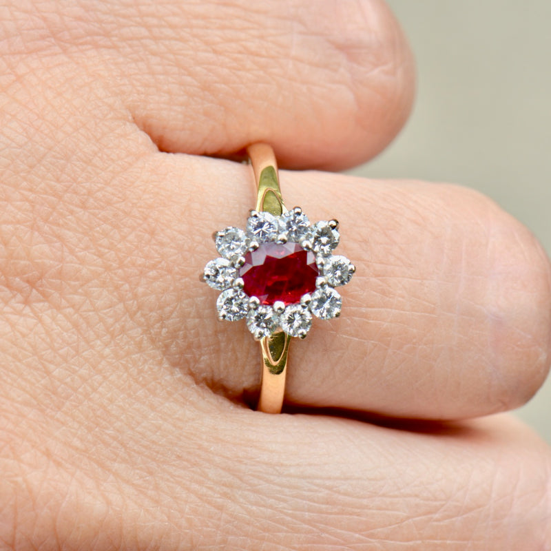 Vintage 1990s Ruby & Diamond 18ct Yellow Gold Halo Engagement Ring (1.06cts)