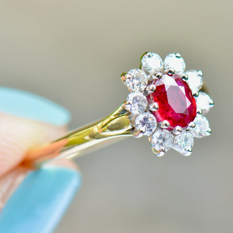 Vintage 1990s Ruby & Diamond 18ct Yellow Gold Halo Engagement Ring (1.06cts)