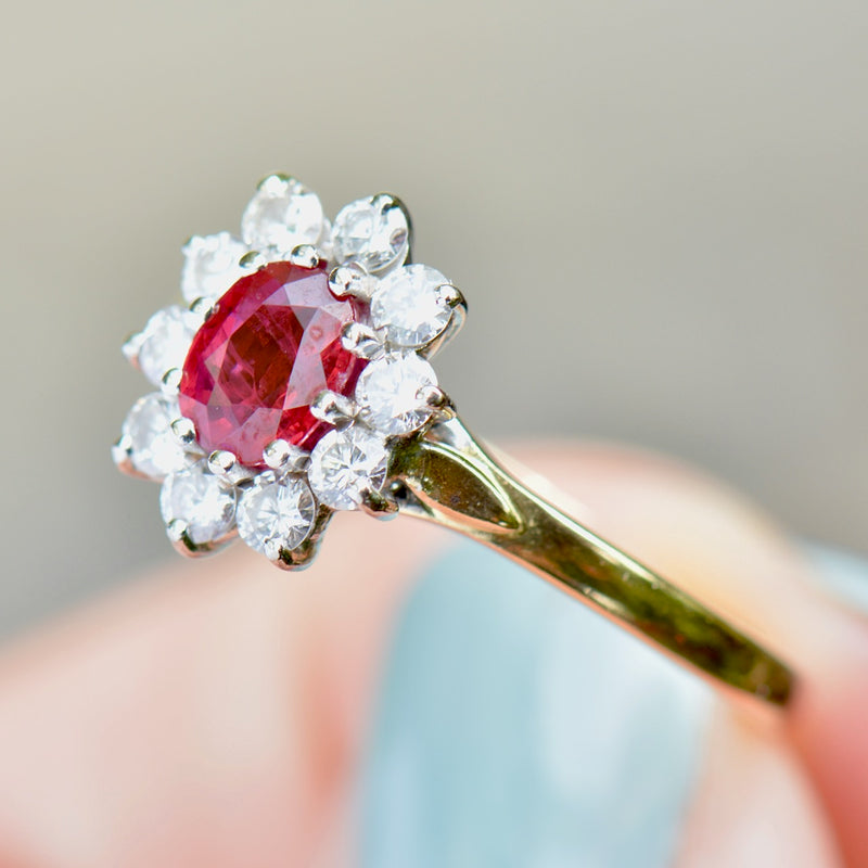 Vintage 1990s Ruby & Diamond 18ct Yellow Gold Halo Engagement Ring (1.06cts)