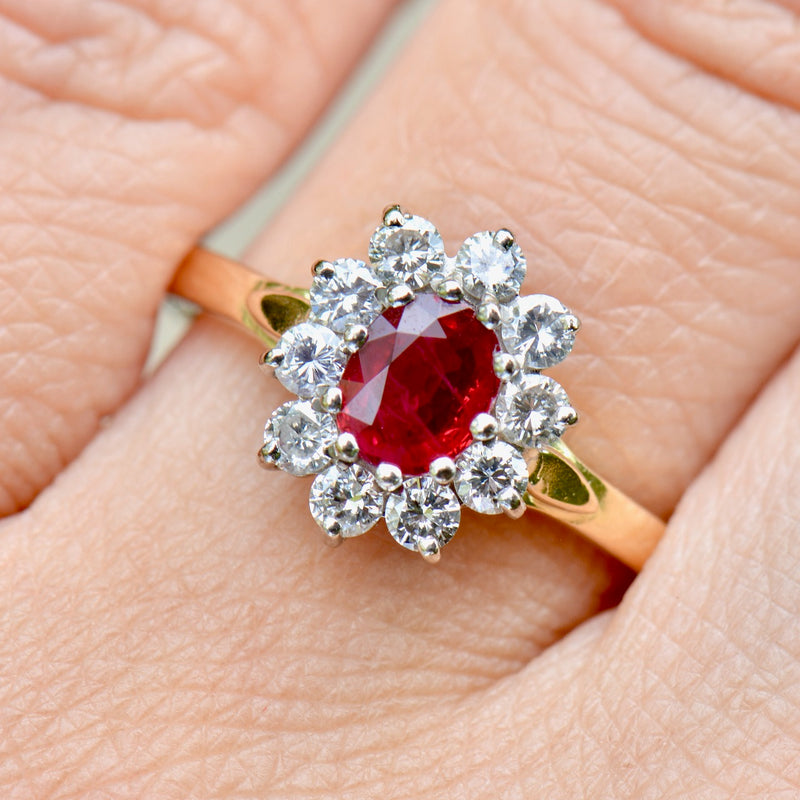 Vintage 1990s Ruby & Diamond 18ct Yellow Gold Halo Engagement Ring (1.06cts)