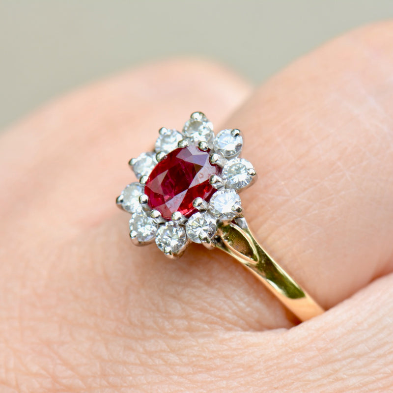 Vintage 1990s Ruby & Diamond 18ct Yellow Gold Halo Engagement Ring (1.06cts)