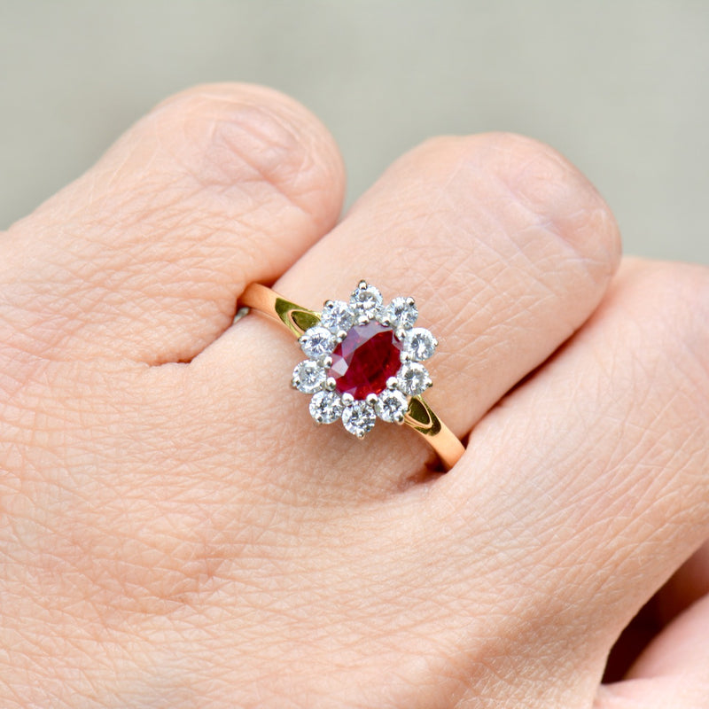 Vintage 1990s Ruby & Diamond 18ct Yellow Gold Halo Engagement Ring (1.06cts)