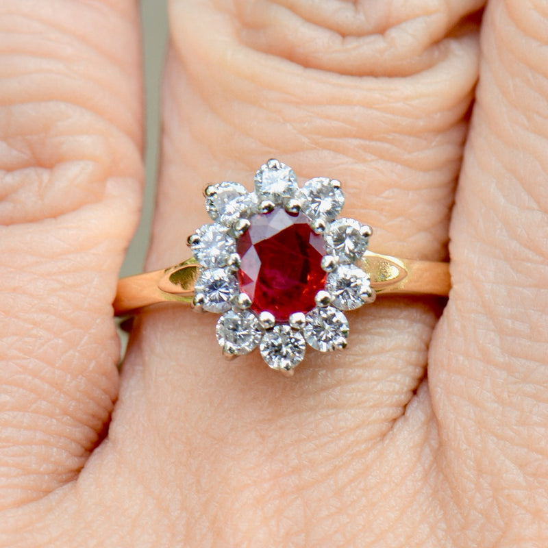 Vintage 1990s Ruby & Diamond 18ct Yellow Gold Halo Engagement Ring (1.06cts)