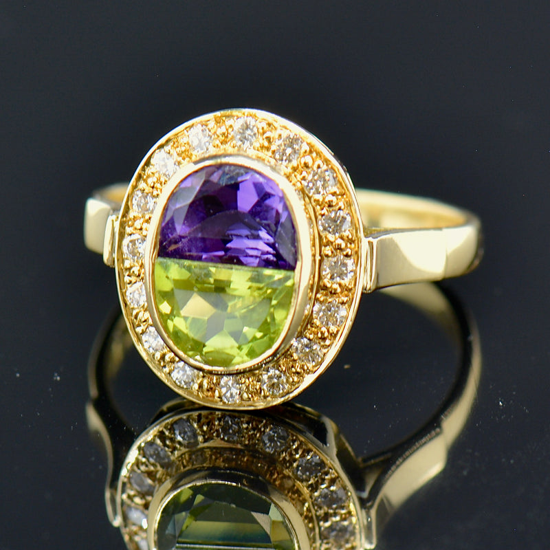 Vintage 1993 Suffragette Style Diamond Amethyst Peridot 18CT Gold Ring