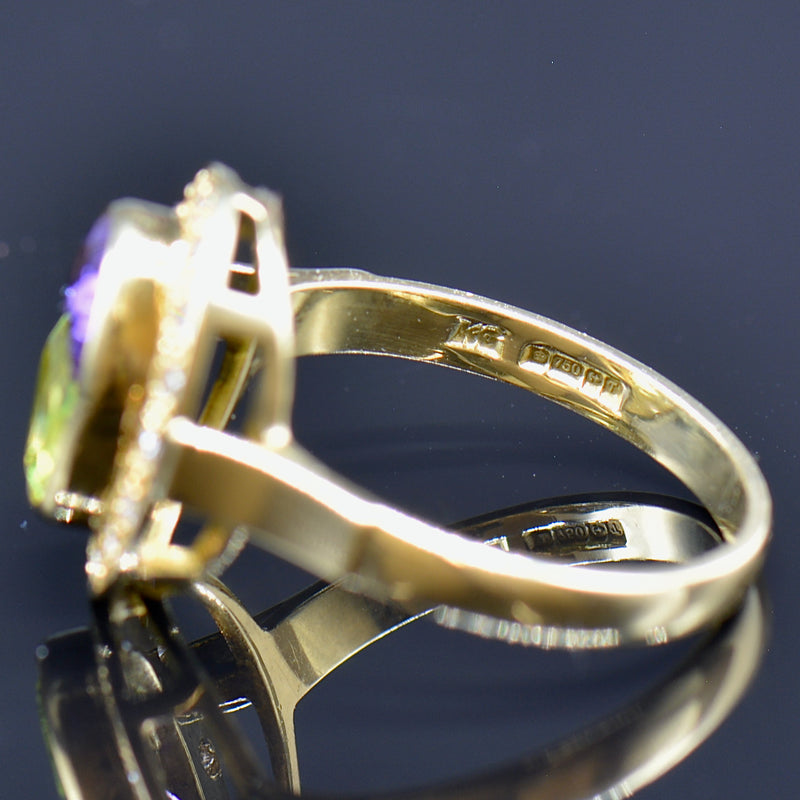 Vintage 1993 Suffragette Style Diamond Amethyst Peridot 18CT Gold Ring