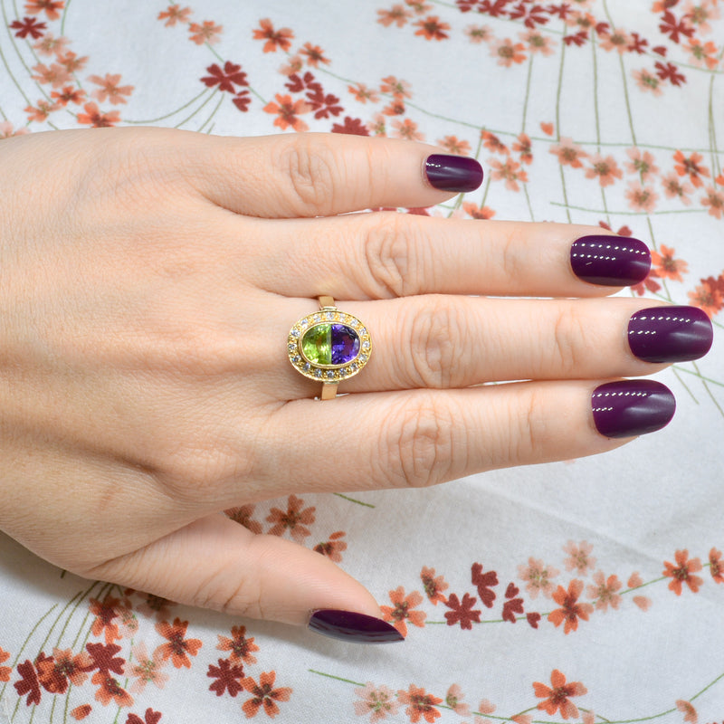 Vintage 1993 Suffragette Style Diamond Amethyst Peridot 18CT Gold Ring