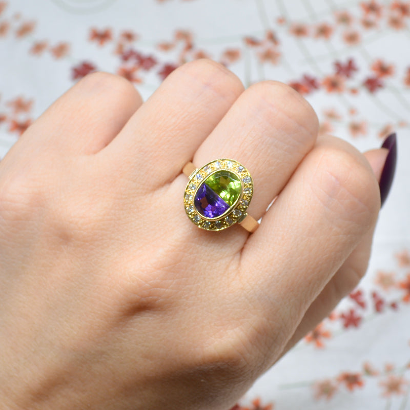 Vintage 1993 Suffragette Style Diamond Amethyst Peridot 18CT Gold Ring