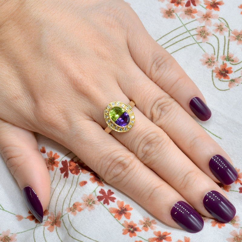 Vintage 1993 Suffragette Style Diamond Amethyst Peridot 18CT Gold Ring