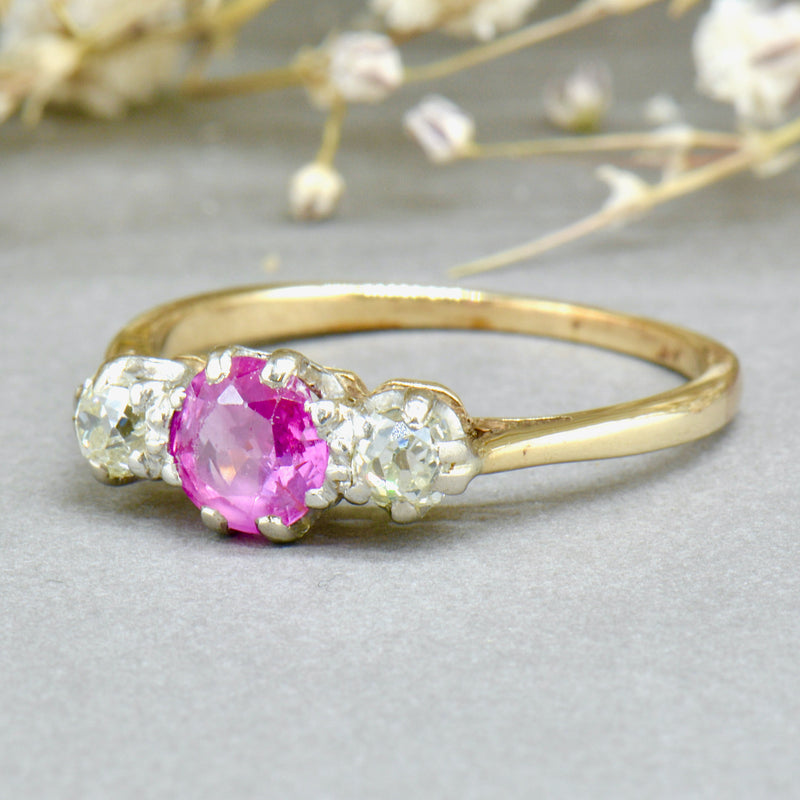 Art Deco Old-Cut No Heat Pink Sapphire/Ruby & Diamond Platinum & 18CT Gold Trilogy Ring (1.06cts)