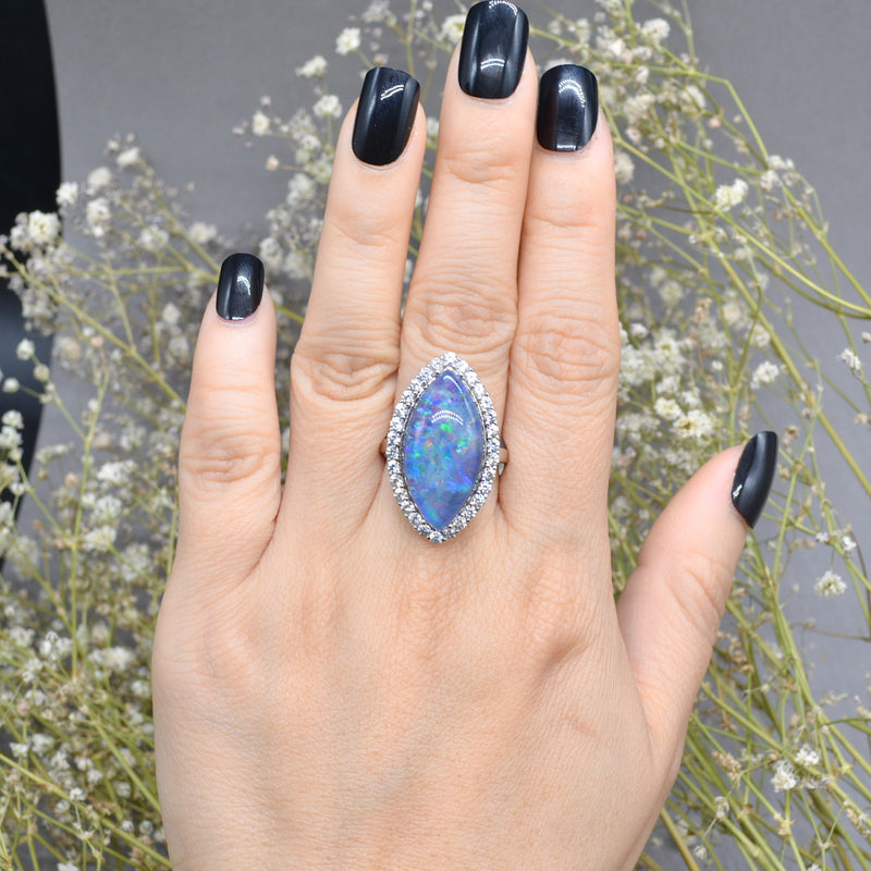 Large Boulder Opal Triplet & White Topaz Silver Marquise Halo Ring