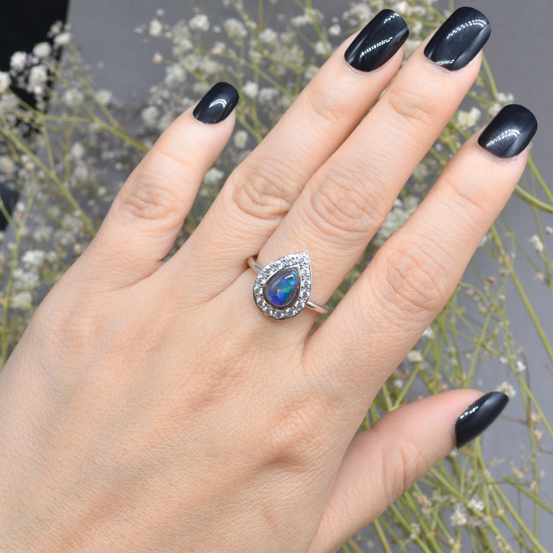 Genuine Boulder Opal Triplet & White Topaz Silver Halo Ring