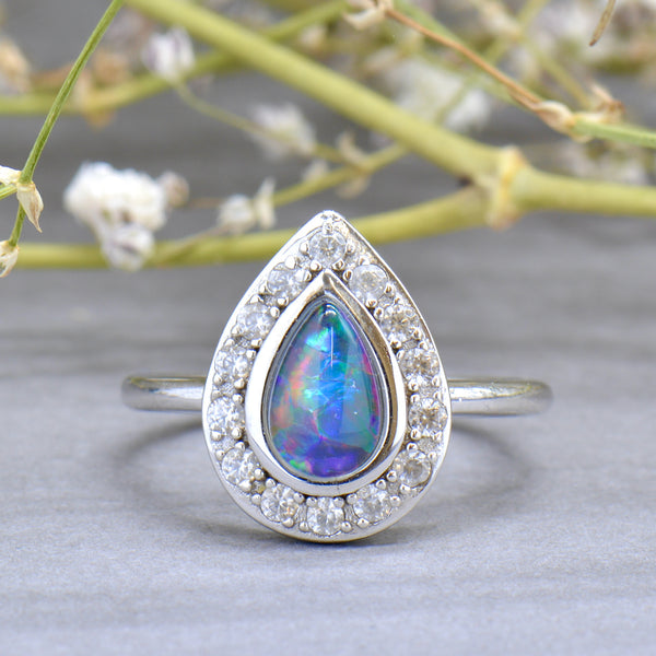 Genuine Boulder Opal Triplet & White Topaz Silver Halo Ring