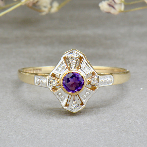 Vintage Art Deco Style 9CT Yellow Gold Amethyst & Diamond Ring