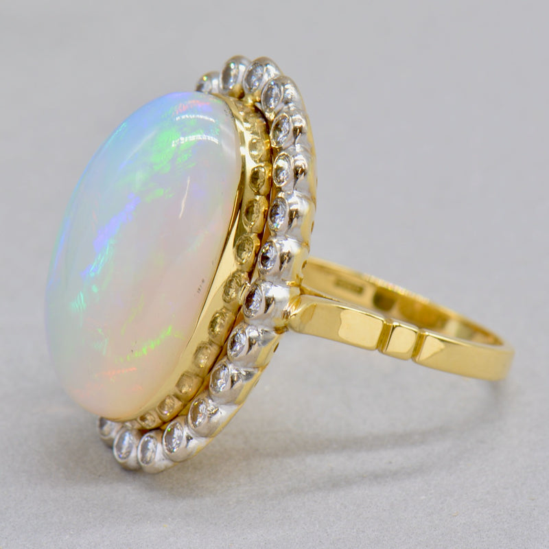 Vintage 1970s Large Jelly Opal & Diamond 18ct Yellow Gold Halo Ring (14.74cts)