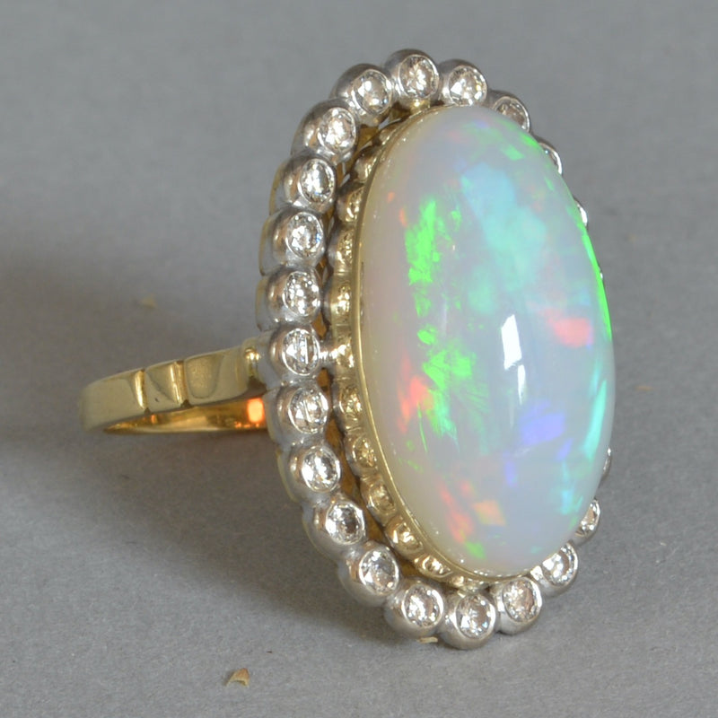 Vintage 1970s Large Jelly Opal & Diamond 18ct Yellow Gold Halo Ring (14.74cts)