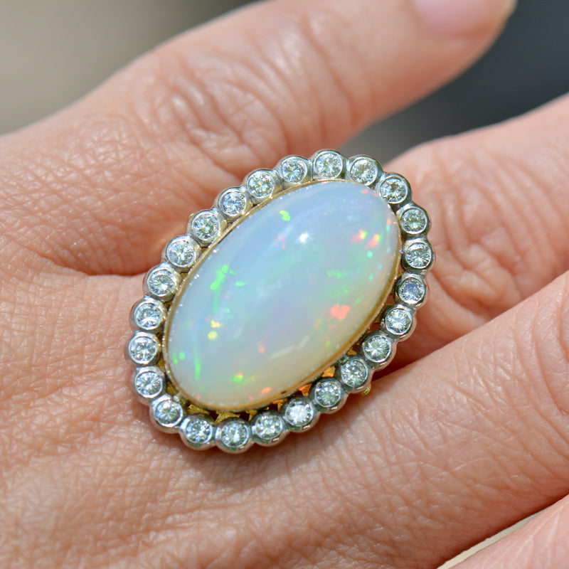 Vintage 1970s Large Jelly Opal & Diamond 18ct Yellow Gold Halo Ring (14.74cts)