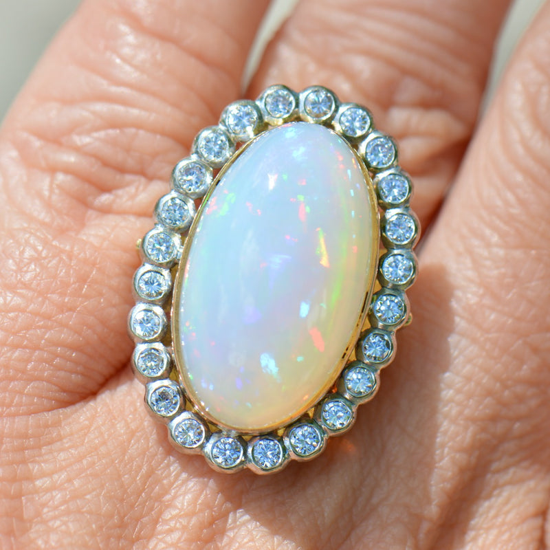 Vintage 1970s Large Jelly Opal & Diamond 18ct Yellow Gold Halo Ring (14.74cts)