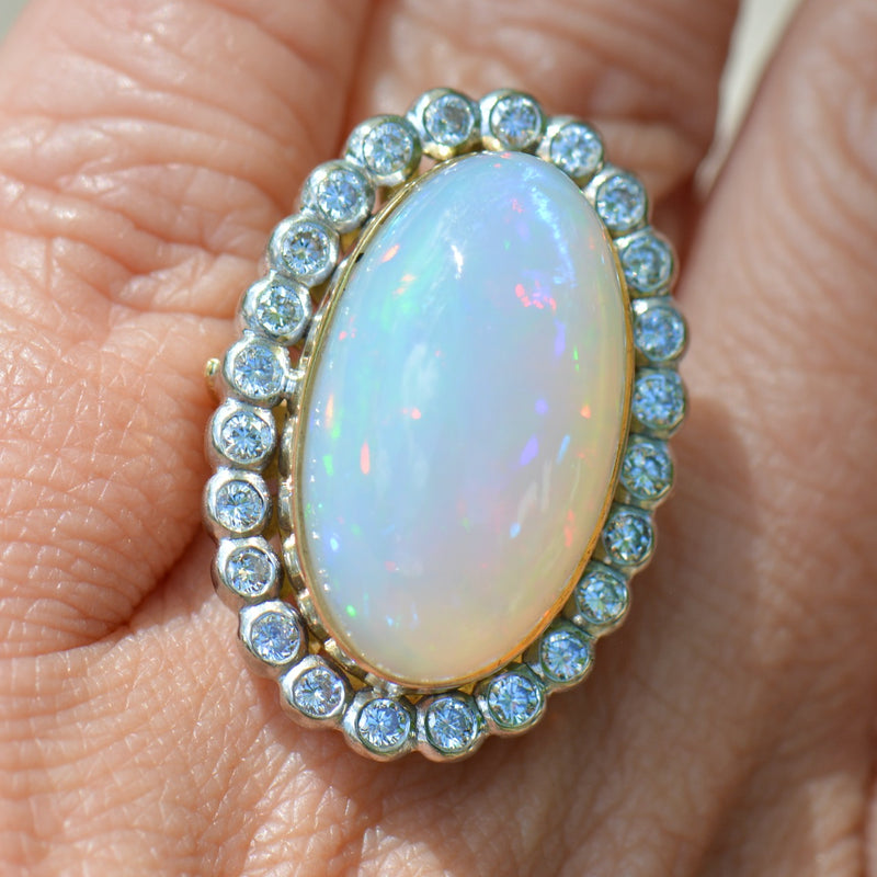 Vintage 1970s Large Jelly Opal & Diamond 18ct Yellow Gold Halo Ring (14.74cts)