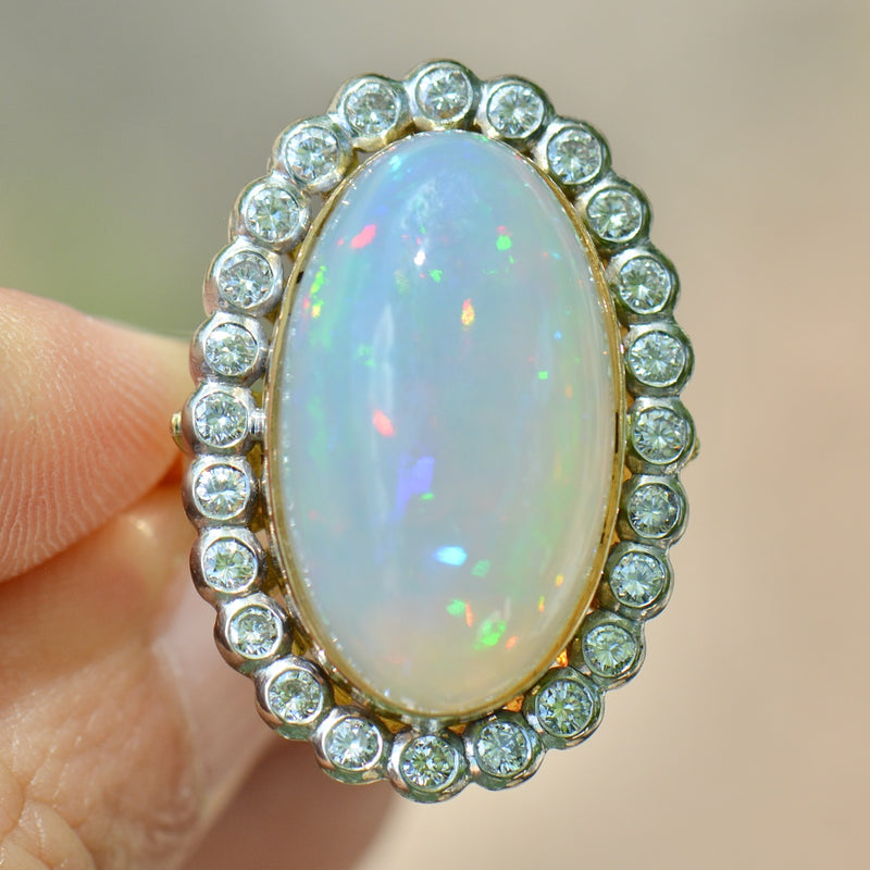 Vintage 1970s Large Jelly Opal & Diamond 18ct Yellow Gold Halo Ring (14.74cts)