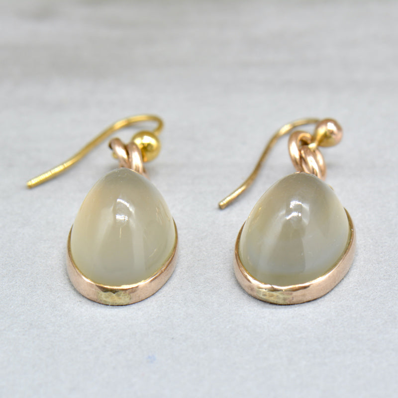 Edwardian 9ct Rose Gold Grey Moonstone Drop Earrings (11.55cts)