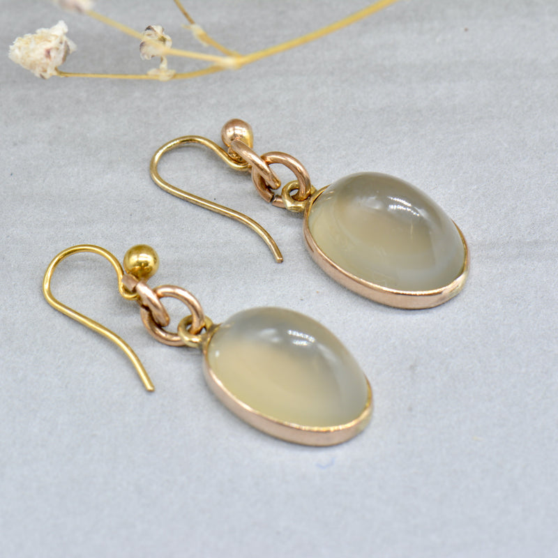 Edwardian 9ct Rose Gold Grey Moonstone Drop Earrings (11.55cts)