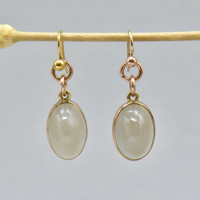 Edwardian 9ct Rose Gold Grey Moonstone Drop Earrings (11.55cts)