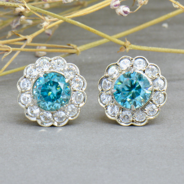 Art Deco 9ct Gold Blue & White Zircon Halo Daisy Earrings (3.60cts)