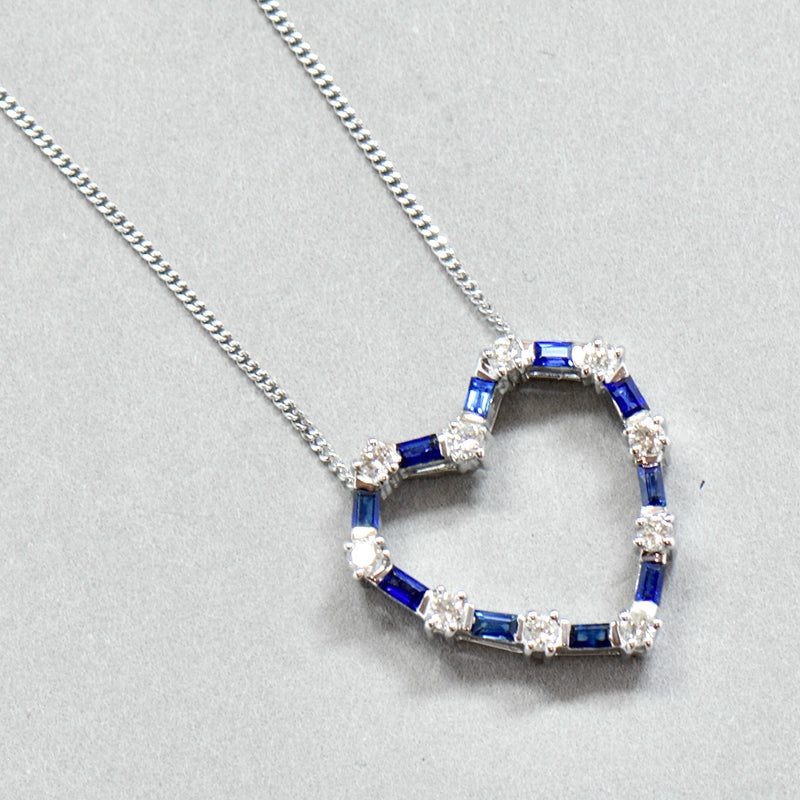 18ct White Gold Sapphire & Diamond Heart-Shaped Pendant & Chain (0.93ct)