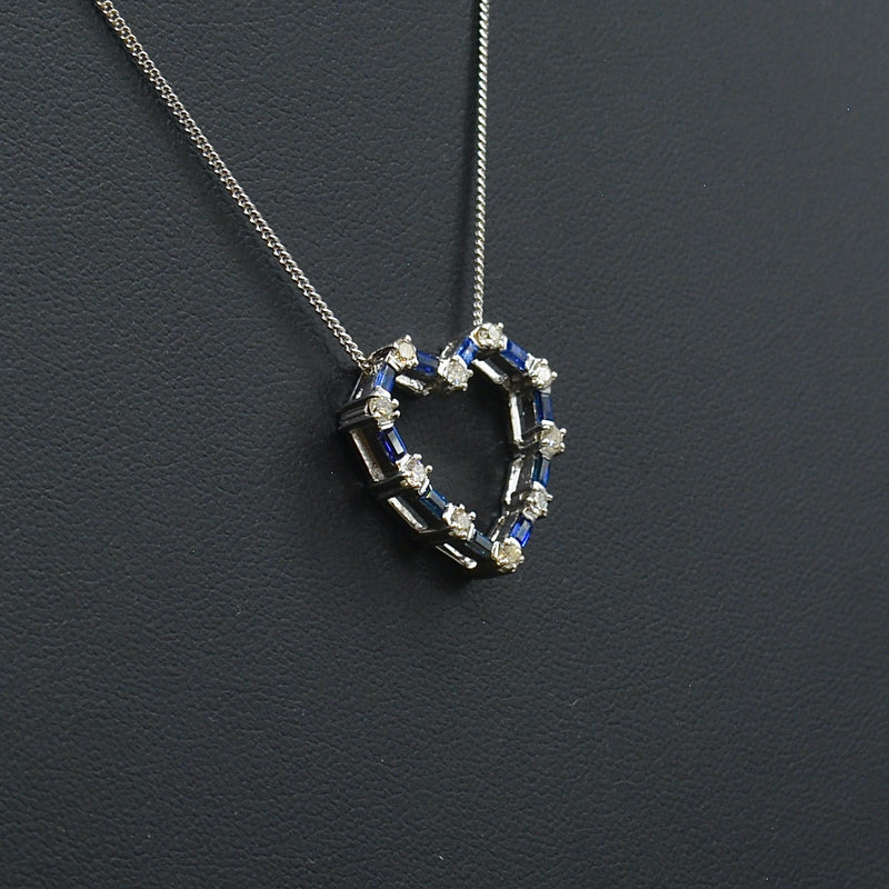 18ct White Gold Sapphire & Diamond Heart-Shaped Pendant & Chain (0.93ct)