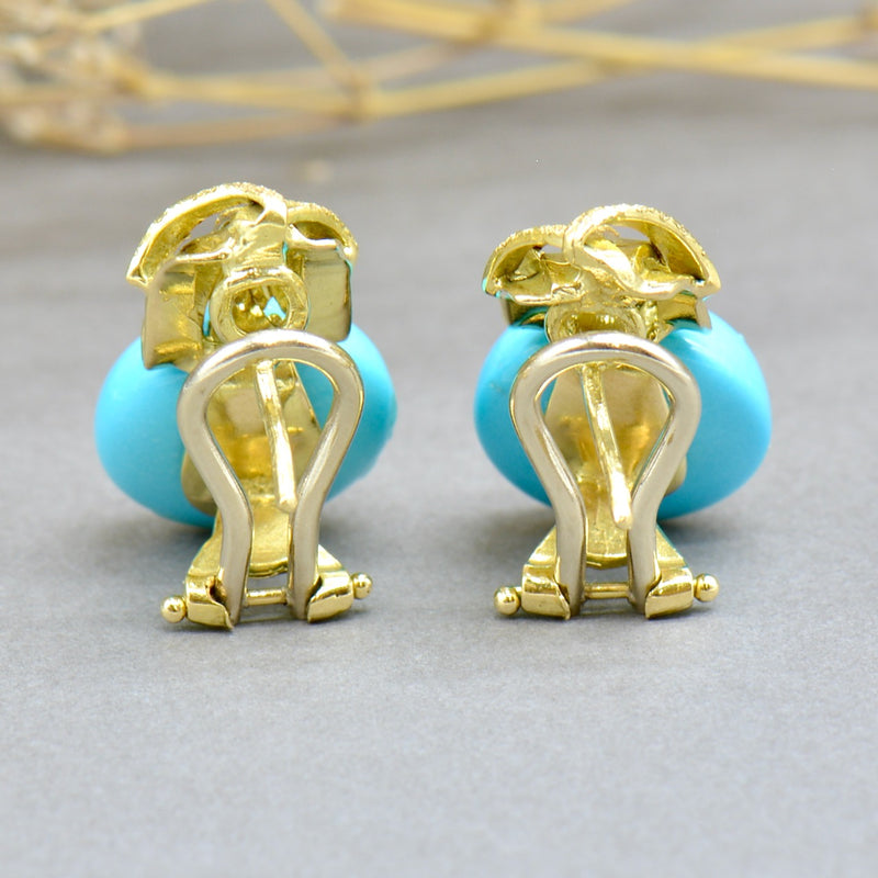 Large Blue Turquoise 18ct Yellow Gold Omega Backs Earrings 19.72cts