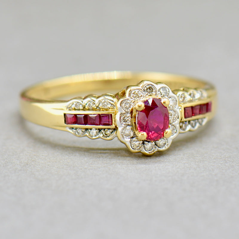 Ruby and Diamond 18ct Yellow Gold Halo Engagement Ring