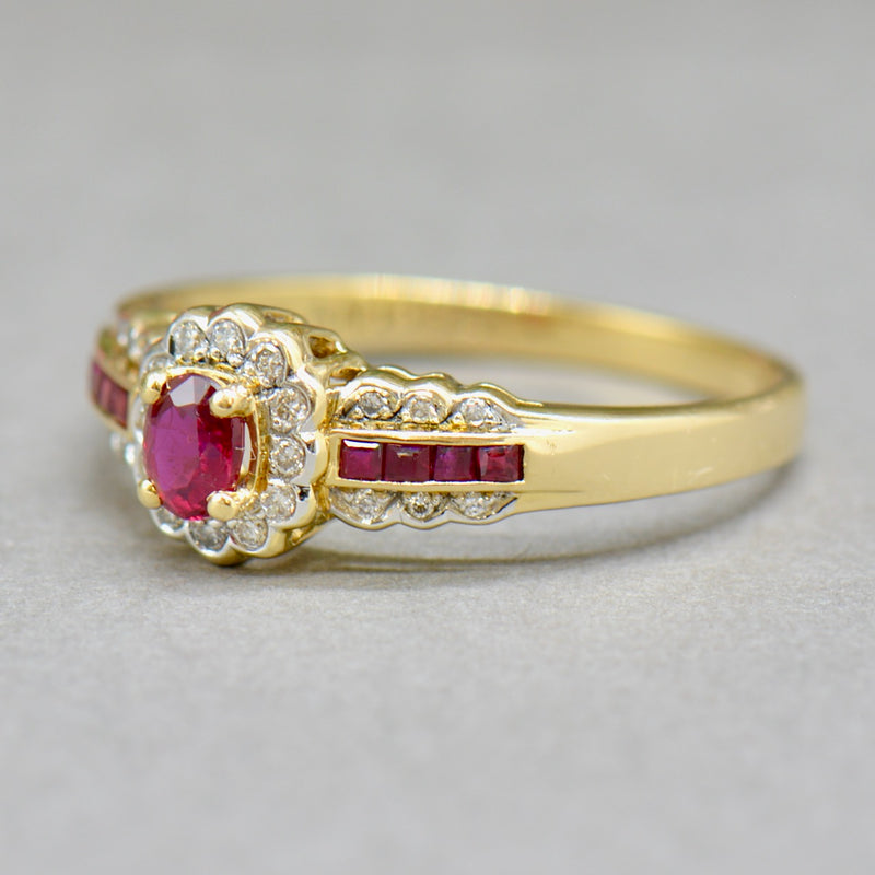 Ruby and Diamond 18ct Yellow Gold Halo Engagement Ring