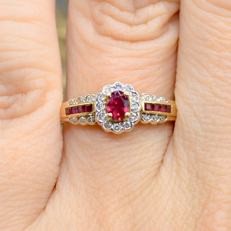 Ruby and Diamond 18ct Yellow Gold Halo Engagement Ring