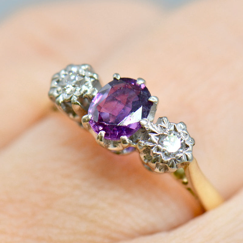 Art Deco No Heat Purple Sapphire & Old Cut Diamond 18ct Yellow Gold Trilogy Engagement Ring (0.65ct)