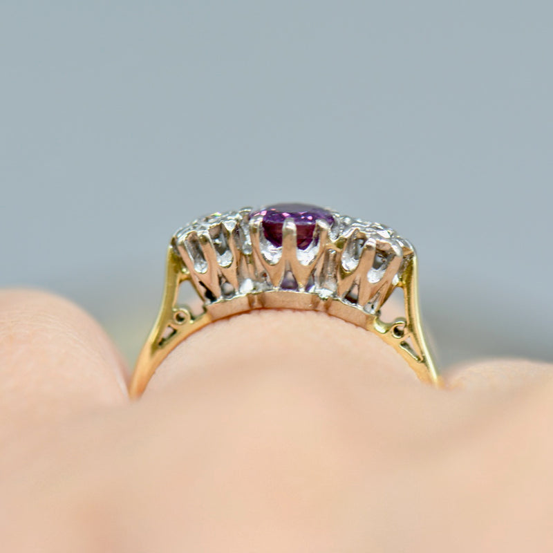 Art Deco No Heat Purple Sapphire & Old Cut Diamond 18ct Yellow Gold Trilogy Engagement Ring (0.65ct)