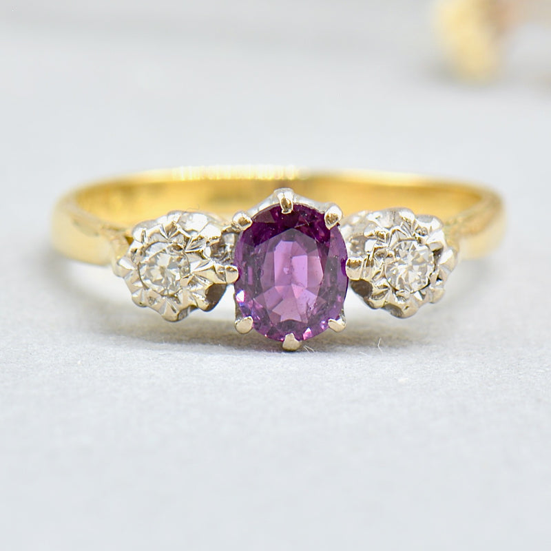 Art Deco No Heat Purple Sapphire & Old Cut Diamond 18ct Yellow Gold Trilogy Engagement Ring (0.65ct)