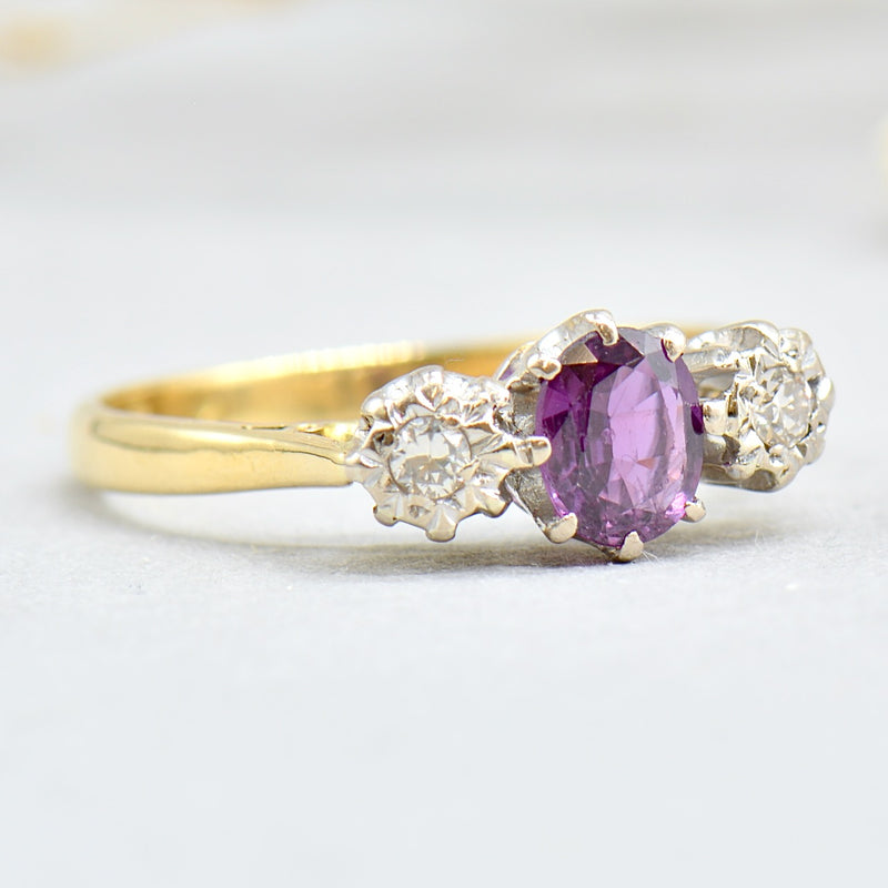 Art Deco No Heat Purple Sapphire & Old Cut Diamond 18ct Yellow Gold Trilogy Engagement Ring (0.65ct)