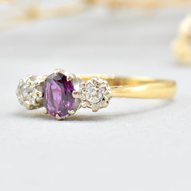 Art Deco No Heat Purple Sapphire & Old Cut Diamond 18ct Yellow Gold Trilogy Engagement Ring (0.65ct)