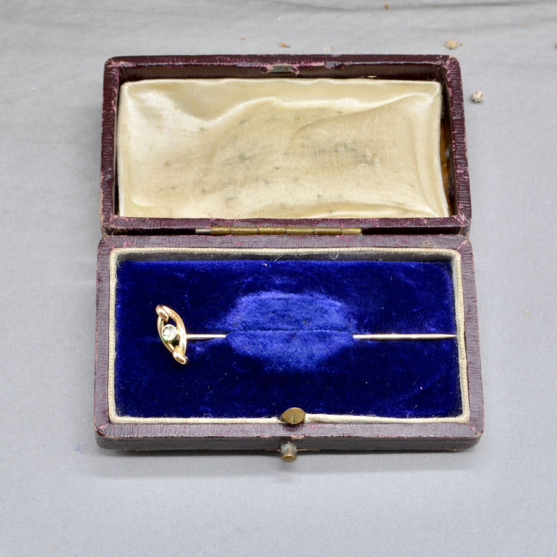 Edwardian 15CT Yellow Gold Old Cut Diamond Love Knot Stick Pin / Hat Pin / Lapel Pin / Brooch With Box